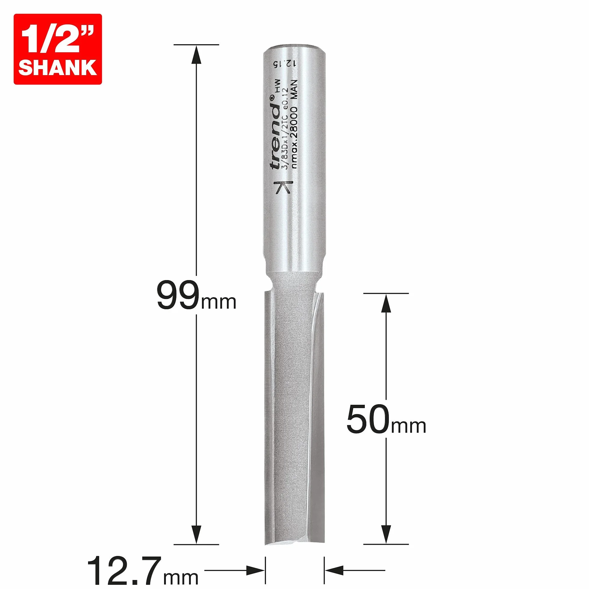 Trend Profesjonalny frez dwupiórowy, trzpień 1/2 cala, średnica cięcia 12,7 mm, długość cięcia 50 mm, węglik spiekany (TCT), 3/83DX1/2TC