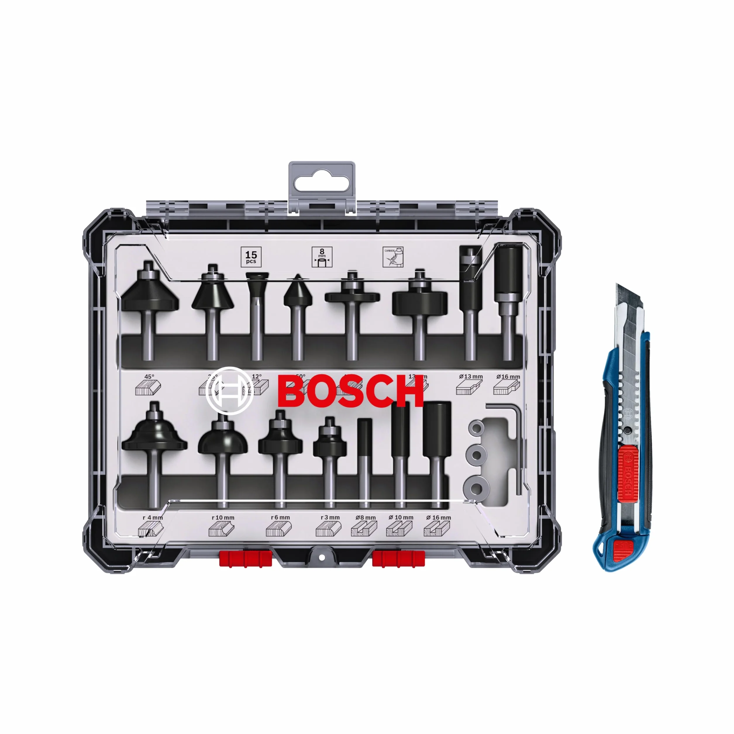 Bosch Professional 15-częściowy zestaw frezów z nożem tnącym (do drewna, trzpień Ø 8 mm, akcesoria frezarki górnowrzecionowe)