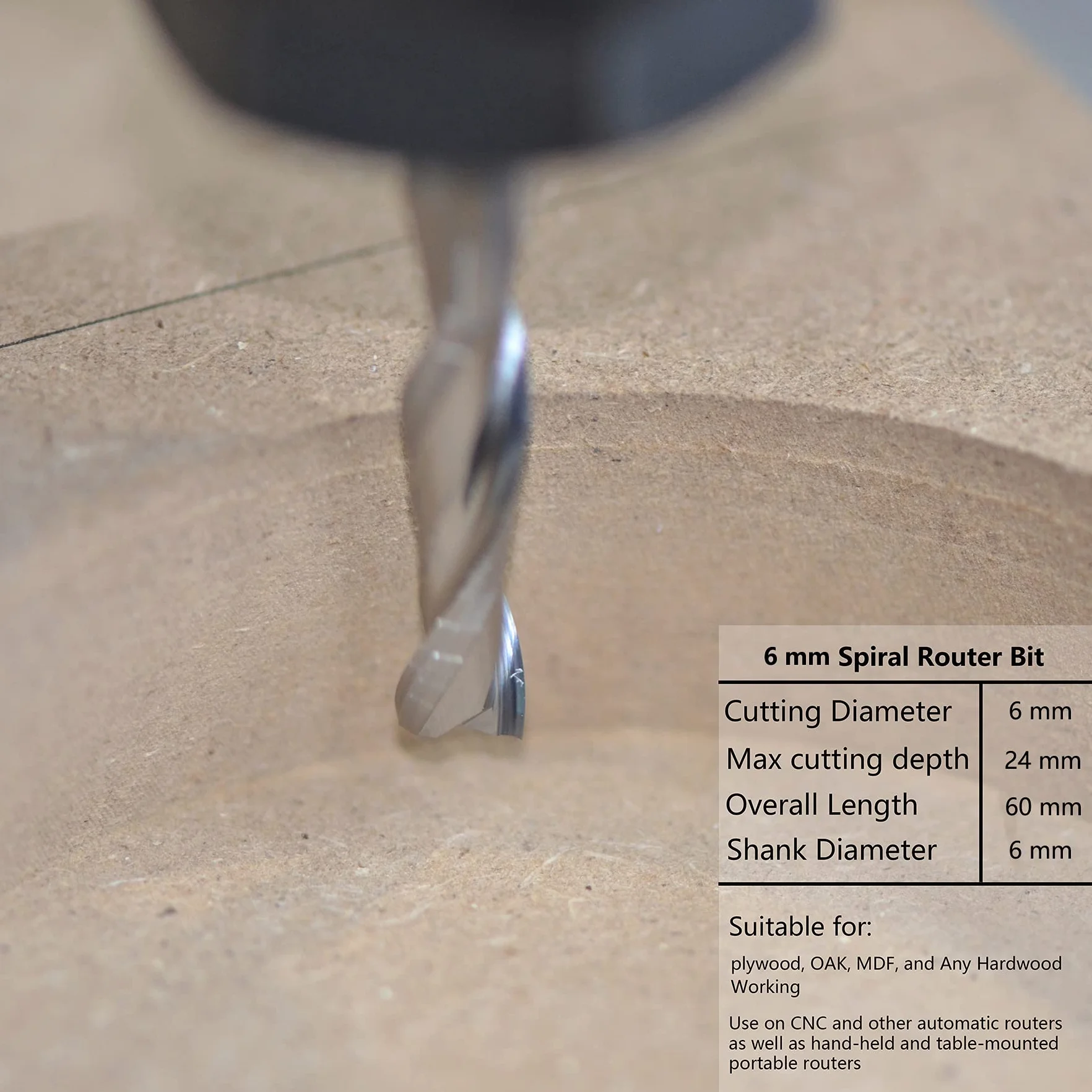 SpeTool Frezy do frezowania 6 mm, trzpień, spiralne, frezy CNC, 6 mm, średnica cięcia, 24 mm, długość cięcia, HRC55, długość całkowita: 60 mm, frez trzpieniowy z węglika spiekanego, do cięcia w