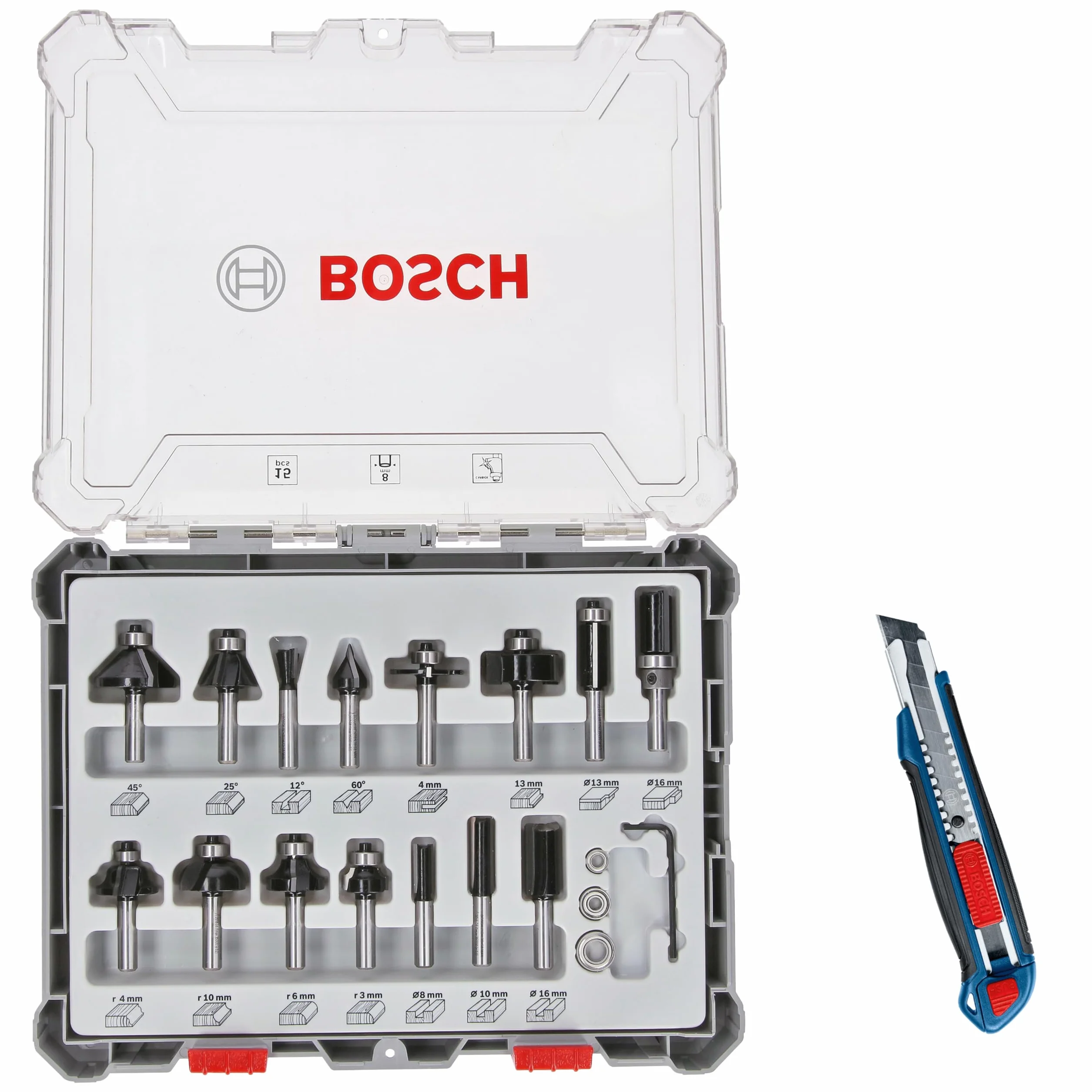 Bosch Professional 15-częściowy zestaw frezów z nożem tnącym (do drewna, trzpień Ø 8 mm, akcesoria frezarki górnowrzecionowe)