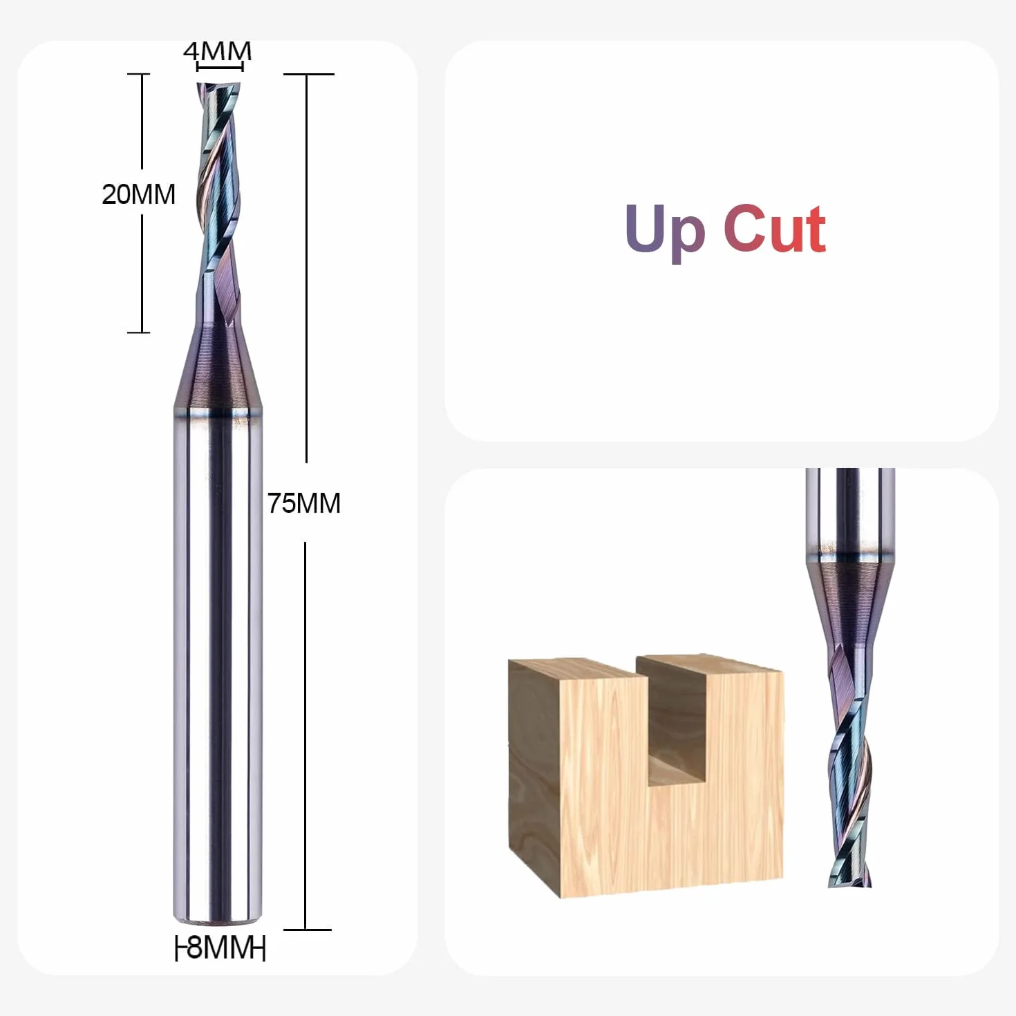 SpeTool Frez do rowków spiralnych 8 mm Upcut 4 mm średnica cięcia 20 mm długość cięcia CNC frez spiralny do frezarki górnowrzecionowej z powłoką TAC frez do rowków 2 flety VHM frez trzpieniowy do
