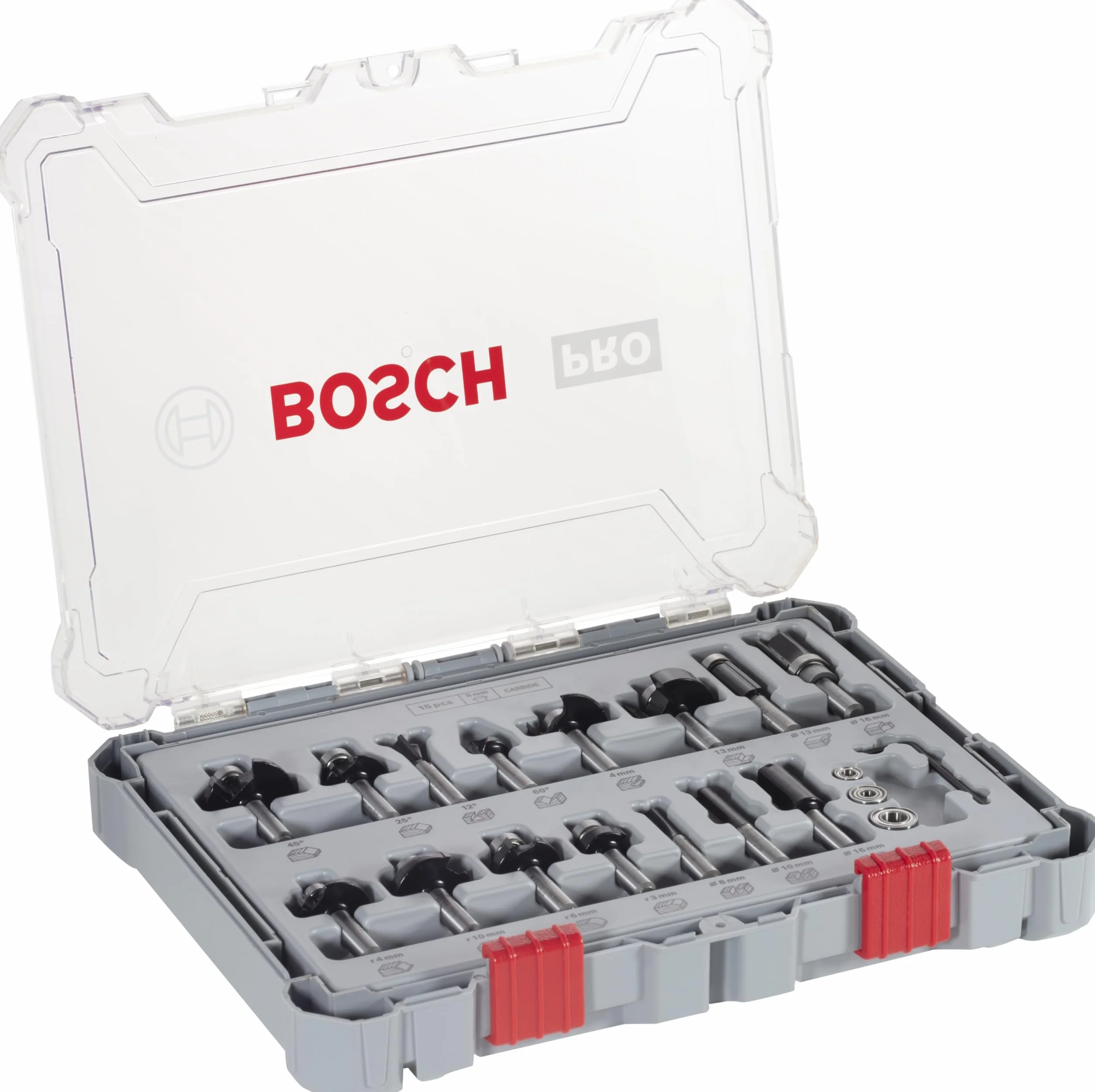 Bosch 15x Zestaw różnych frezów Pro, 15 szt. (do Miękkie drewno, Ø 13-35 mm, Professional Akcesoria Frez ręczny, Frez krawędziowy)