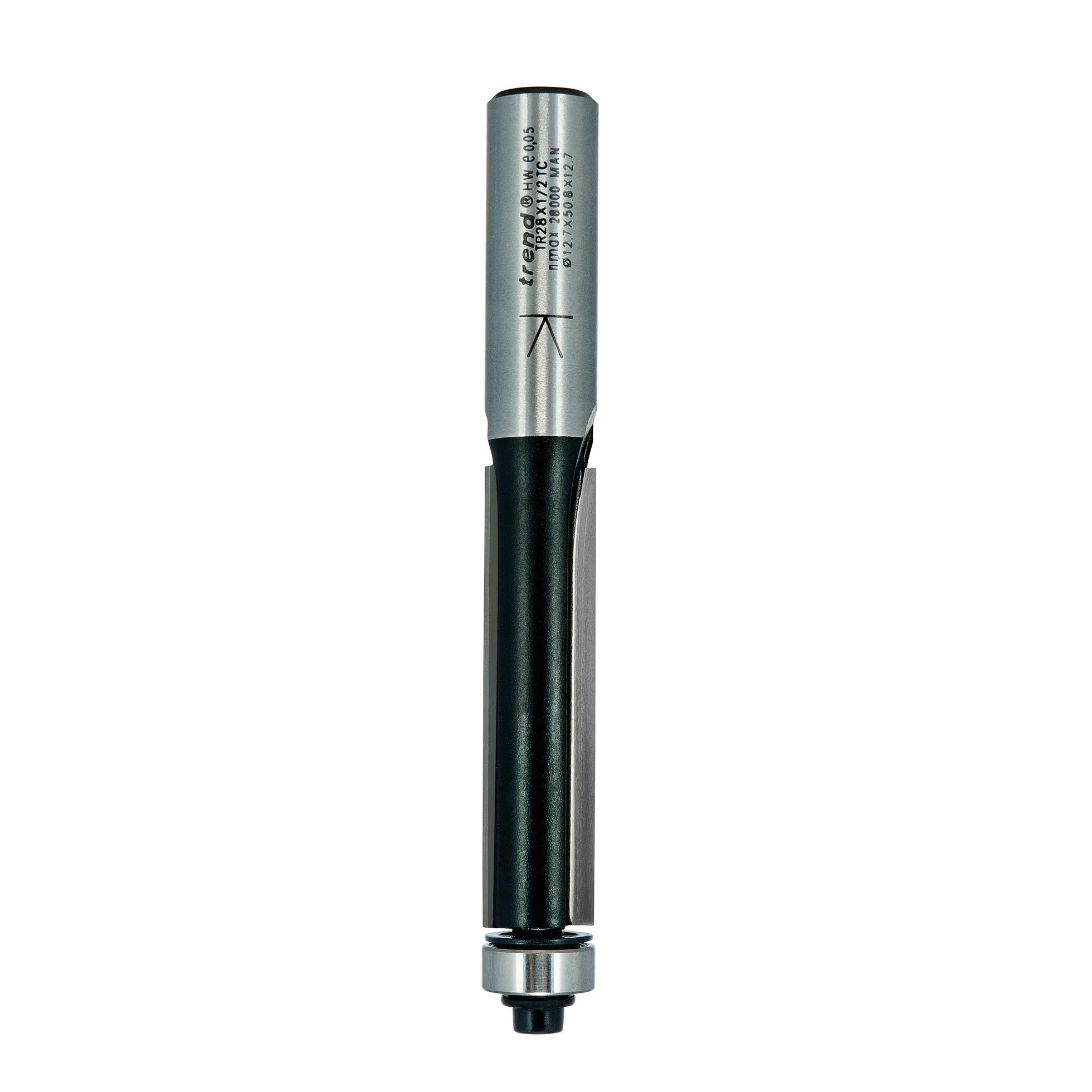 Trend Trade Trade Trimmer Frez z przewodnikiem, trzpień 1/2 cala, średnica cięcia 12,7 mm i długość cięcia 50 mm, końcówka z węglika wolframu, TR28X1/2TC
