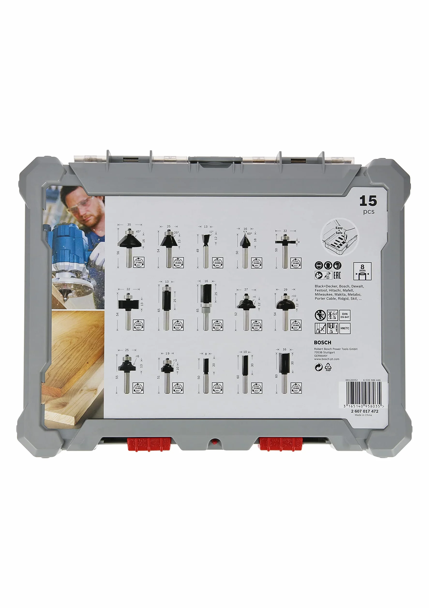 Bosch 15x Zestaw różnych frezów Pro, 15 szt. (do Miękkie drewno, Ø 13-35 mm, Professional Akcesoria Frez ręczny, Frez krawędziowy)