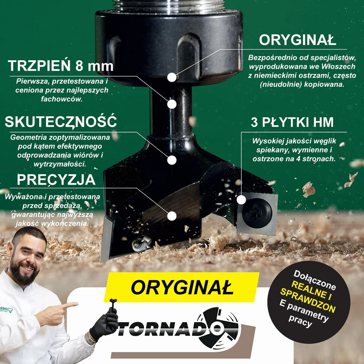 Fraiser Tornado – frez do wyrównywania drewna, trzpień 8 mm, średnica 35 mm, płytki z węglika 10,5 × 10,5 mm – do płaszczyzn, rowków i krawędzi, do frezarki górnowrzecionowej