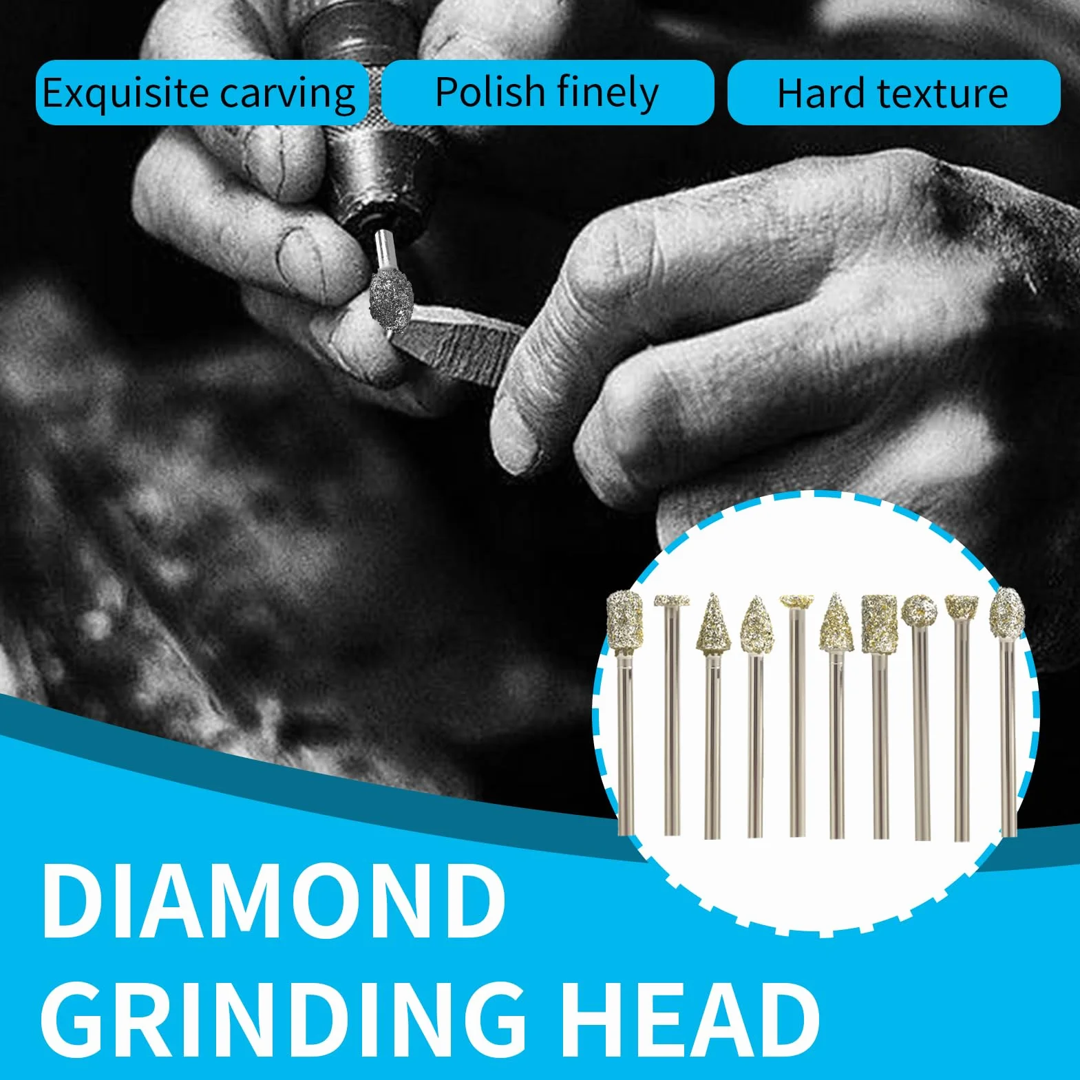 20 sztuk narzędzi do frezowania diamentów, kompatybilny z Dremel i innymi narzędziami obrotowymi z osią 1/8" 3 mm, do rzeźbienia, polerowania, szkła i ceramiki