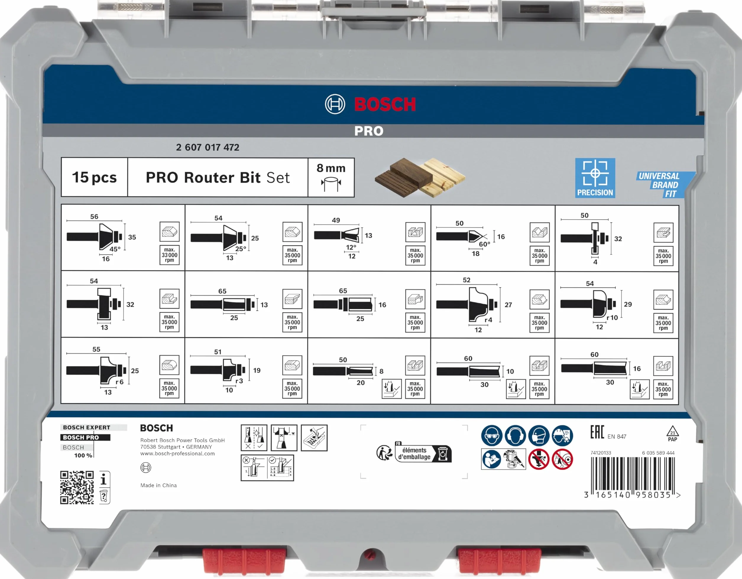 Bosch 15x Zestaw różnych frezów Pro, 15 szt. (do Miękkie drewno, Ø 13-35 mm, Professional Akcesoria Frez ręczny, Frez krawędziowy)
