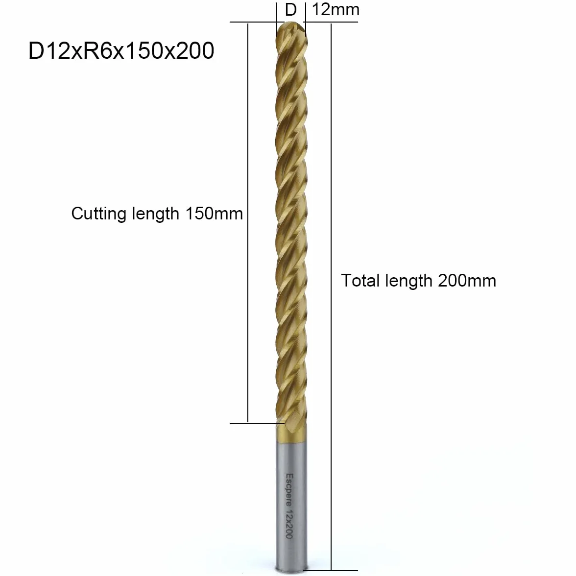 EVA EPS Styropianowy frez CNC do cięcia długich, spiralnych długich frezów końcowych HSS Frez do pianki CNC 2D / 3D (D12xR6x150x200)