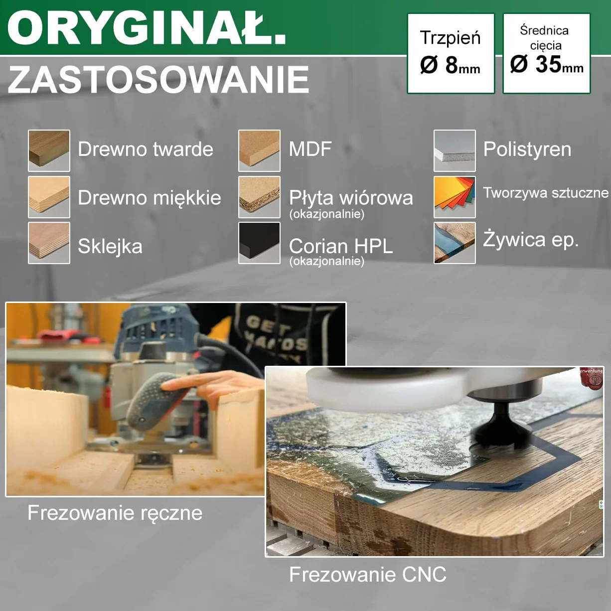 Fraiser Tornado – frez do wyrównywania drewna, trzpień 8 mm, średnica 35 mm, płytki z węglika 10,5 × 10,5 mm – do płaszczyzn, rowków i krawędzi, do frezarki górnowrzecionowej