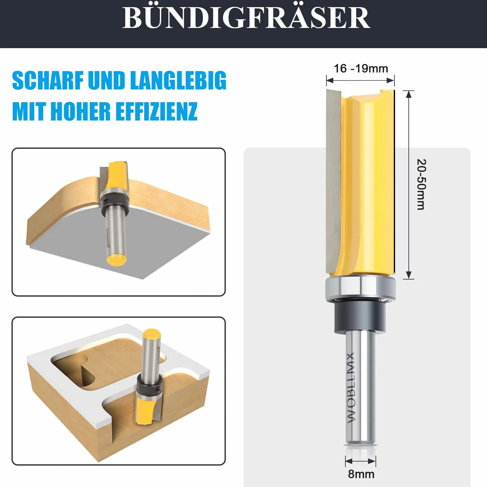 Frez do wygładzania z trzonkiem 8 mm, Ø 19 mm, długość robocza 20 mm, z łożyskiem kulkowym, ostrze z twardego metalu, poręczne, trwałe i ostre, do obróbki drewna DIY w domu