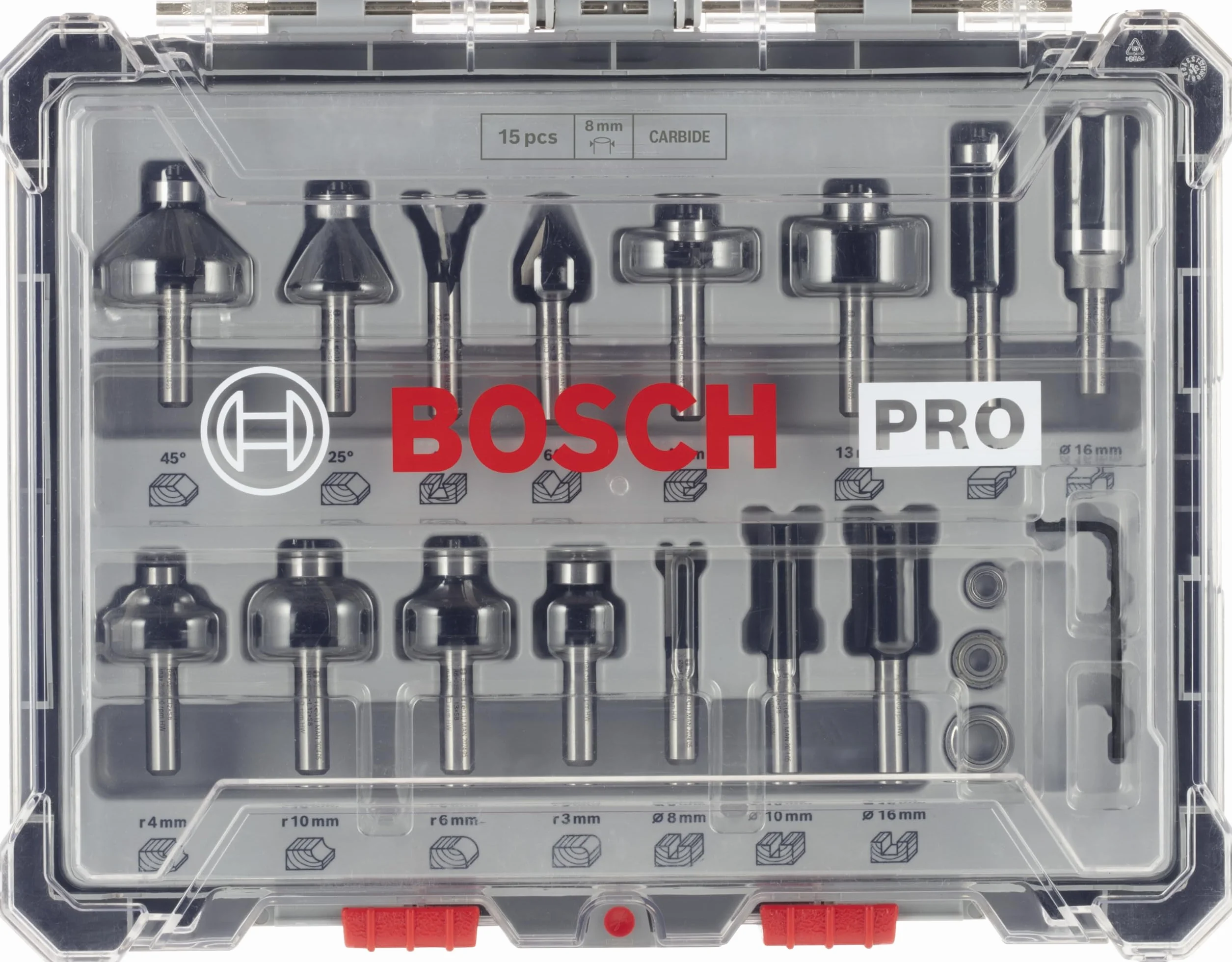 Bosch 15x Zestaw różnych frezów Pro, 15 szt. (do Miękkie drewno, Ø 13-35 mm, Professional Akcesoria Frez ręczny, Frez krawędziowy)
