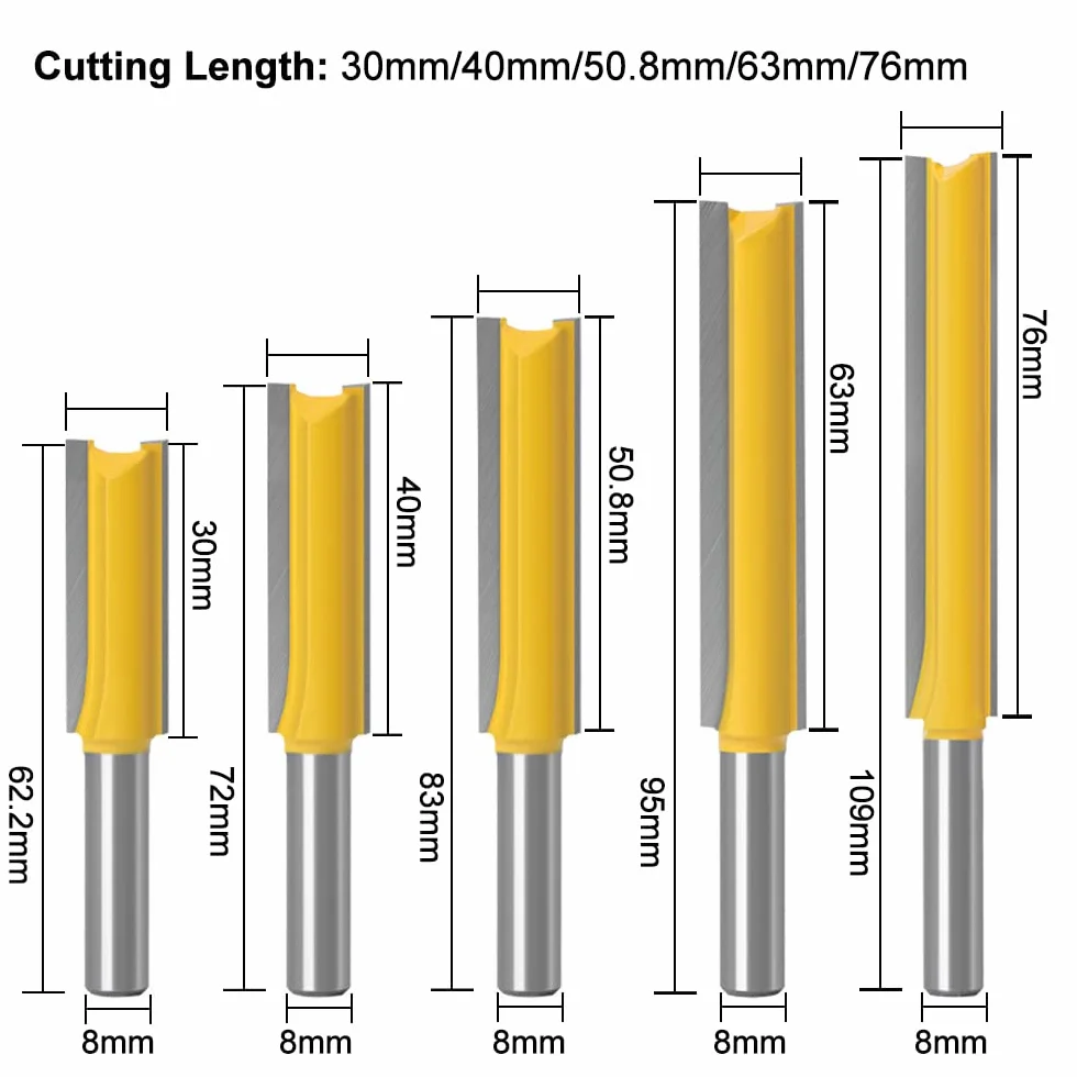 ASNOMY 5 sztuk 8 mm frez prosty do cięcia, frez do rowków, do drewna, bardzo długa długość cięcia -30 mm, 40 mm, 50 mm, 63 mm, 76 mm