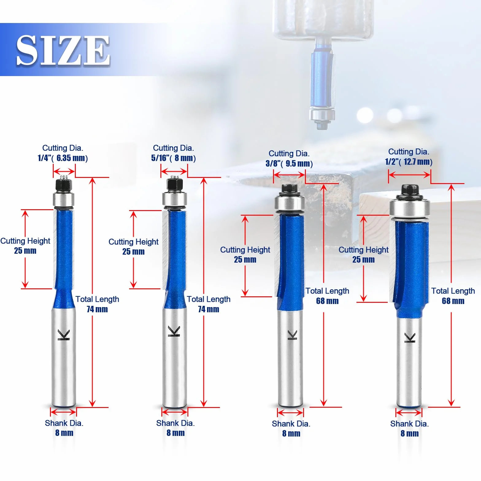 Zestaw 4 frezów do wyrównywania, trzpień 8 mm, niebieski frez do wyrównywania, dwustronny frez z łożyskami, do drewna, Ø 6,35 mm, Ø 8 mm, Ø 9,5 mm, Ø 12,7 mm, długość robocza 25 mm