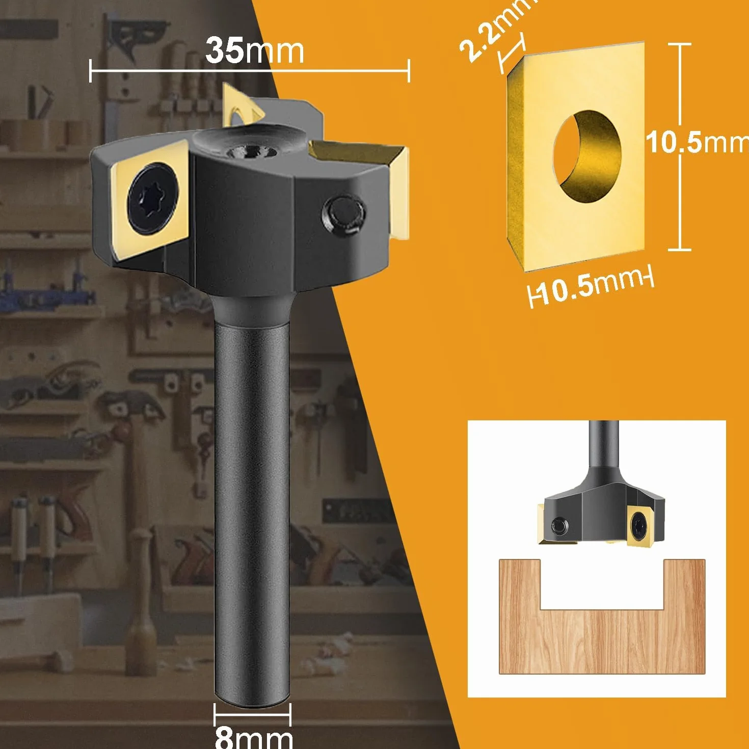 SpeTool Frez czołowy 8 mm średnica trzpienia 35 mm z powłoką ATS z 3 wymiennymi nożami z węglików spiekanych (10,5 mm x 10,5 mm x 2,2 mm) płytki obrotowe VHM 3 flety CNC frez czołowy do frezarki