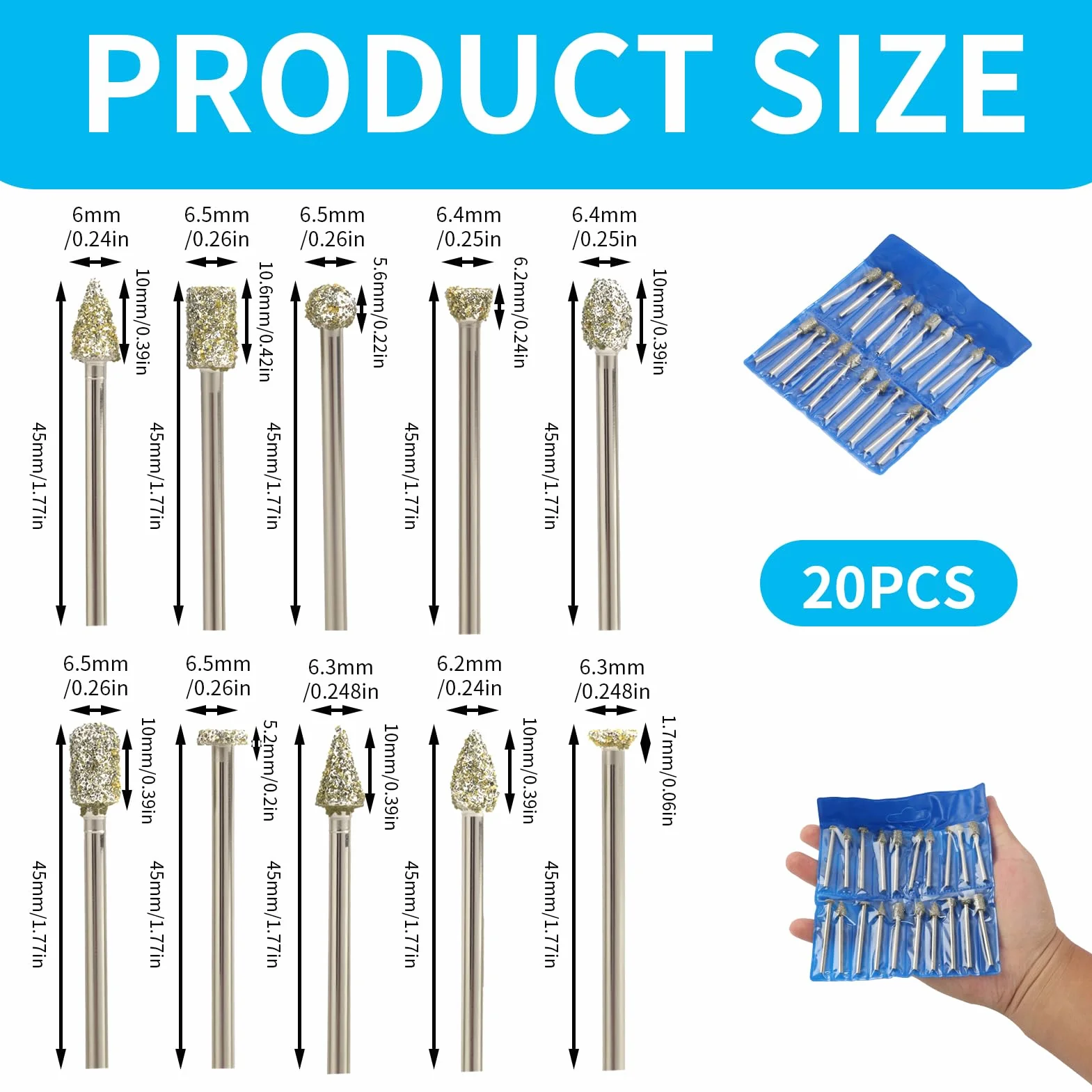 20 sztuk narzędzi do frezowania diamentów, kompatybilny z Dremel i innymi narzędziami obrotowymi z osią 1/8" 3 mm, do rzeźbienia, polerowania, szkła i ceramiki