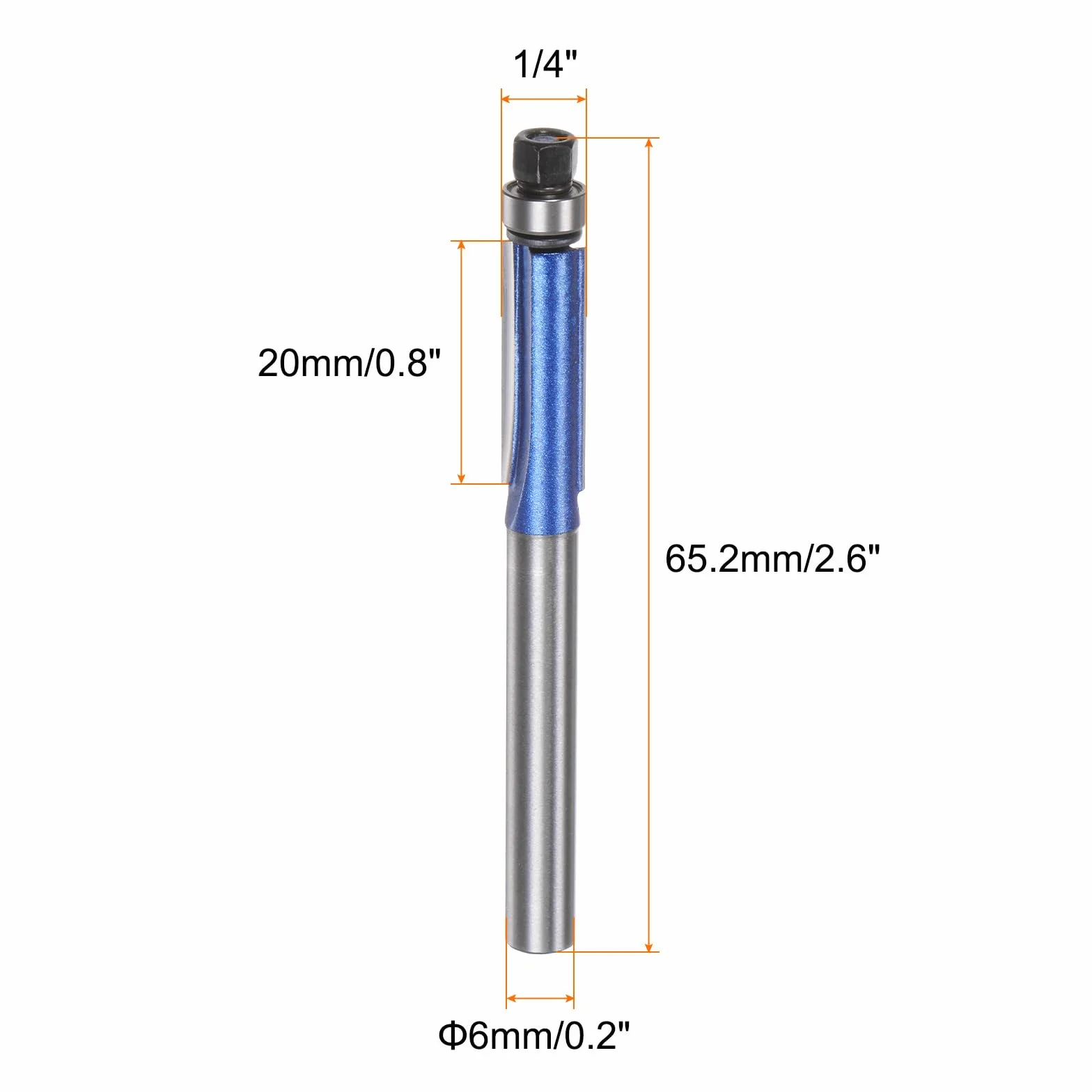 QUARKZMAN Frez równoległy z trzonkiem 6 mm, średnica 1/4", głębokość cięcia 0,8", górne łożysko, cięcie proste, frez z węglików spiekanych, stolarka, srebrny niebieski