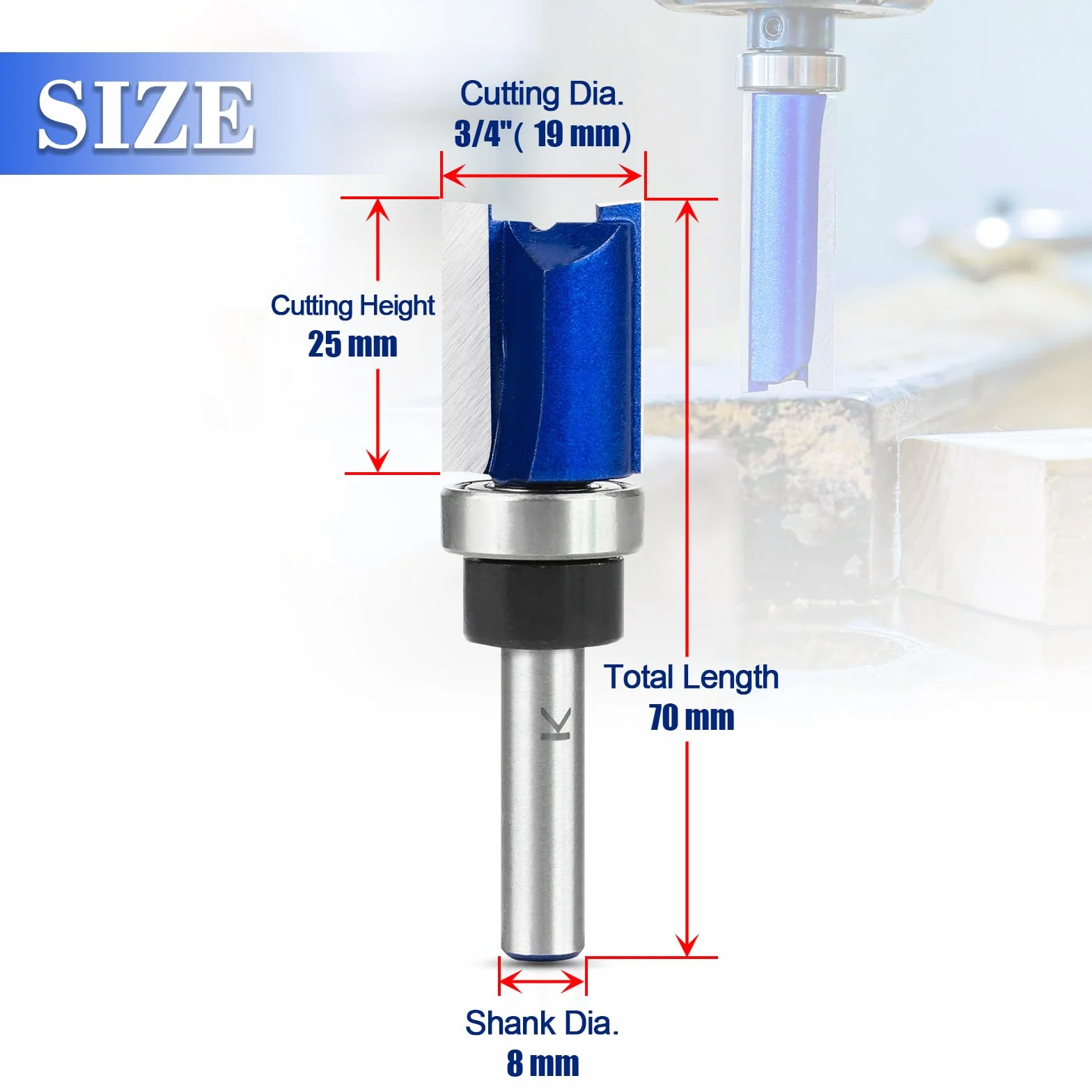 Frez do wyrównywania 8 mm, długość robocza 25 mm krawędzie, frez kopiujący, frez do wyrównywania z łożyskiem kulkowym, frez do drewna, frez do drewna, średnica cięcia 19 mm