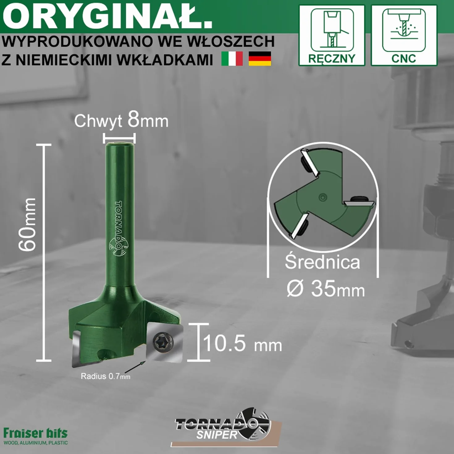 Fraiser Tornado Sniper – frez do wyrównywania drewna, trzpień 8 mm, średnica 35 mm, wkładki z węglika spiekanego 10,5 × 10,5 mm – do płaszczyzn, rowków i krawędzi, do frezarki górnowrzecionowej