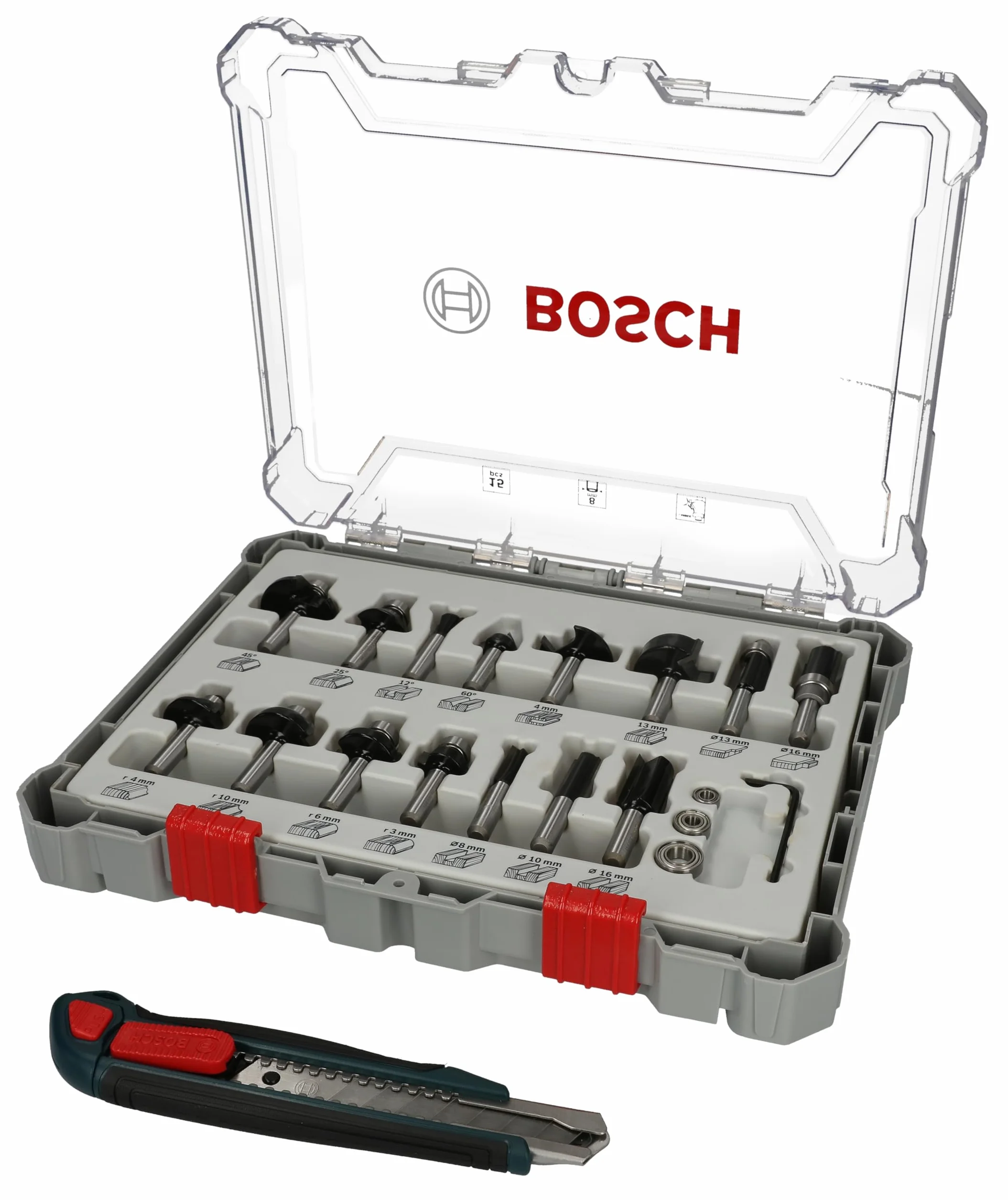 Bosch Professional 15-częściowy zestaw frezów z nożem tnącym (do drewna, trzpień Ø 8 mm, akcesoria frezarki górnowrzecionowe)