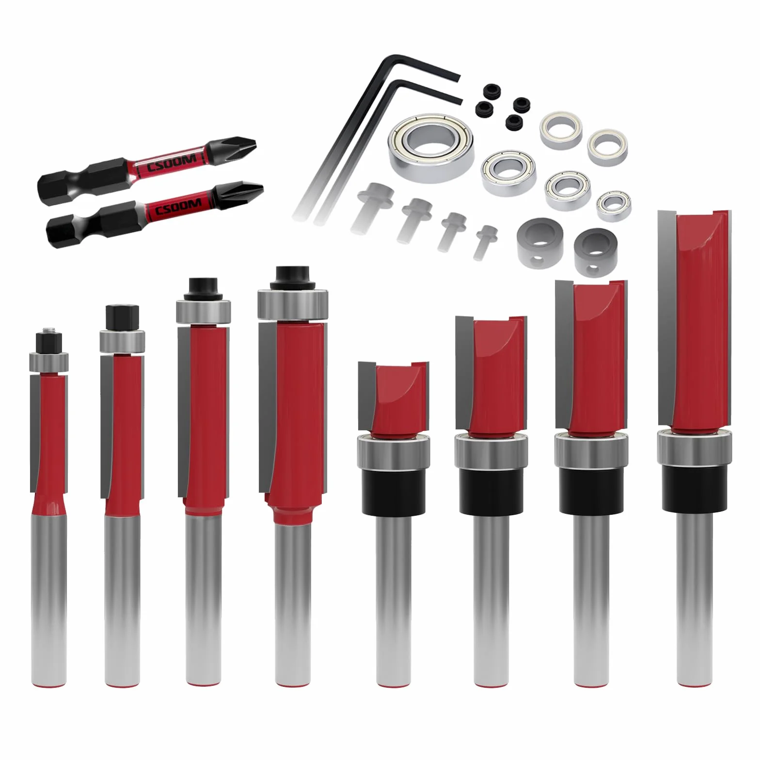 CSOOM 10 sztuk frezów do wyrównywania z 2 bitami magnetycznymi udarowymi, 6 łożysk, 2 klucze płaskie, zestaw frezów 8 mm, frezy z twardego metalu, narzędzia do obróbki drewna