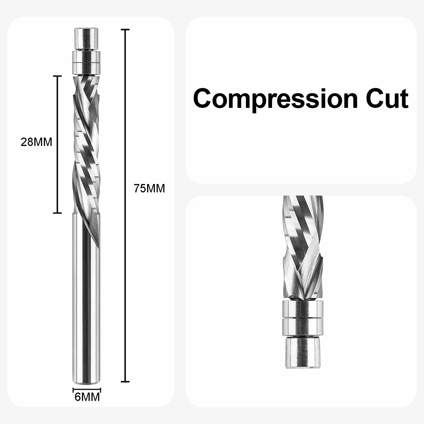 SpeTool Frez do kopiowania w górę i w dół, średnica trzpienia, 6 mm, frezy płaskie, frezy spiralne, 28 mm, długość cięcia równoległego, z węglika wolframu, łożysko kulkowe