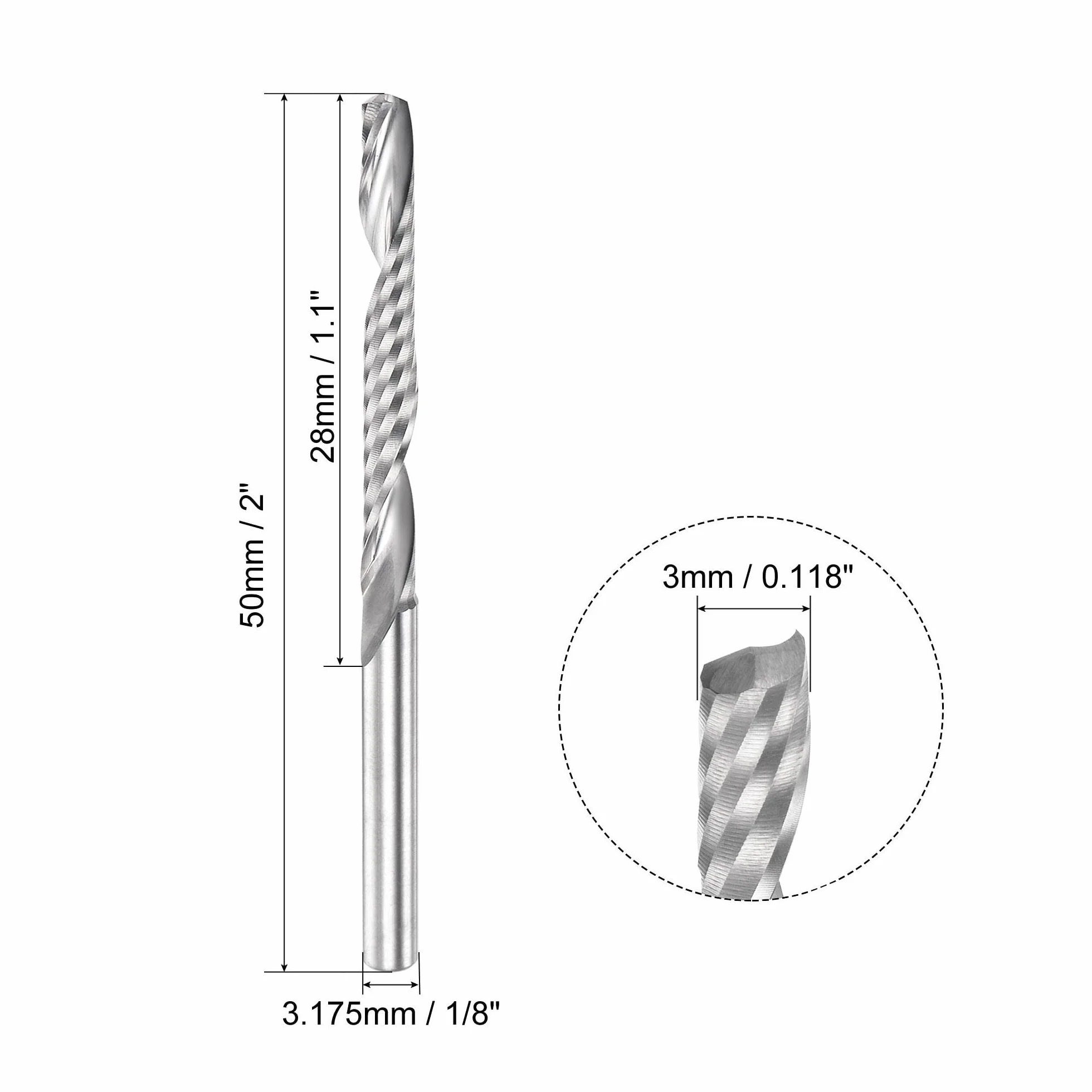 sourcing map Frez czołowy bit z twardego metalu pojedyncza spirala flet do góry frez CNC do akrylu PVC MDF twarde drewno 1/8" 3,175 mm trzpień 3 mm x 28 mm