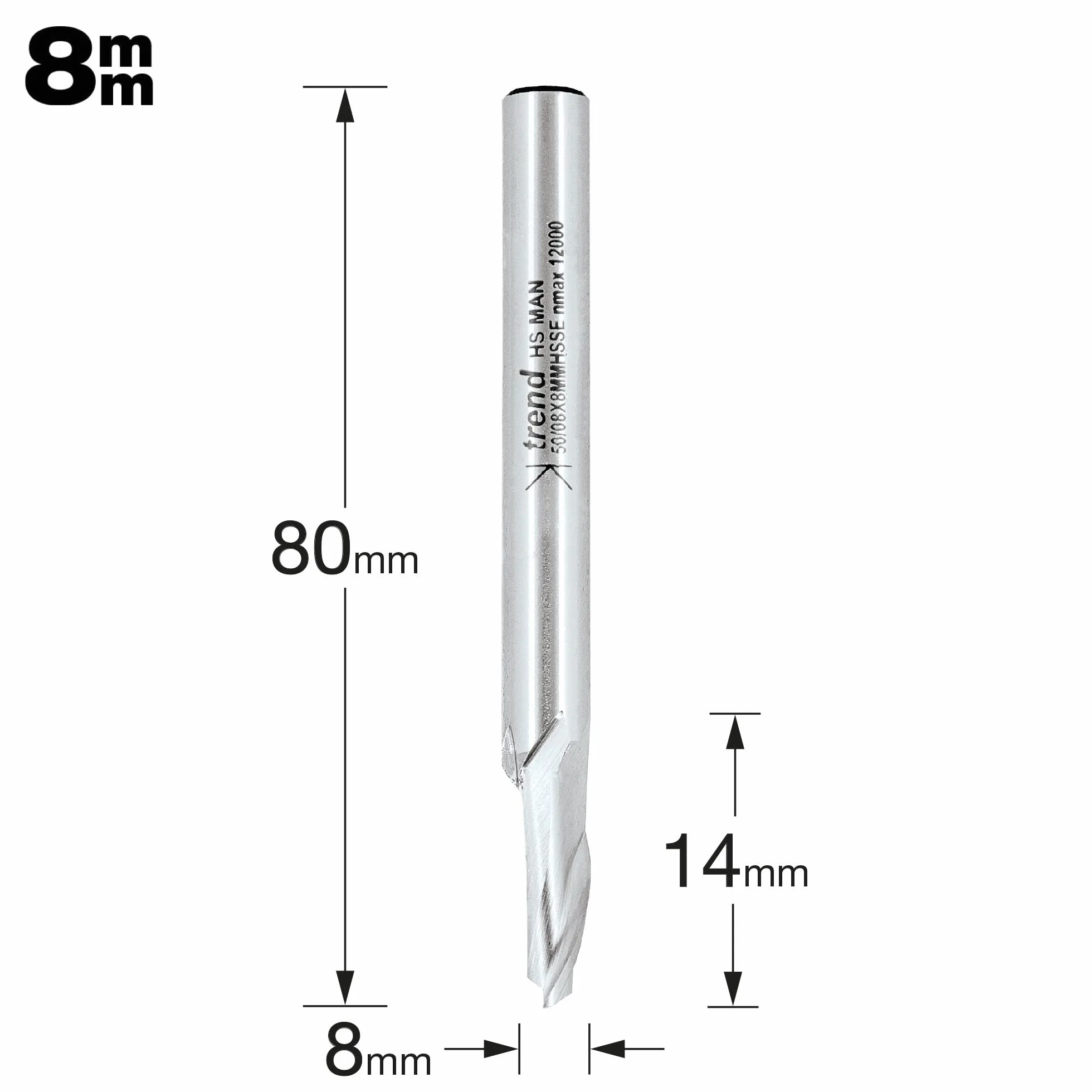 Trend Profesjonalny frez do aluminium, trzpień 8 mm, średnica cięcia 8 mm i długość cięcia 14 mm, stal szybkotnąca, 50/08X8MMHSSE