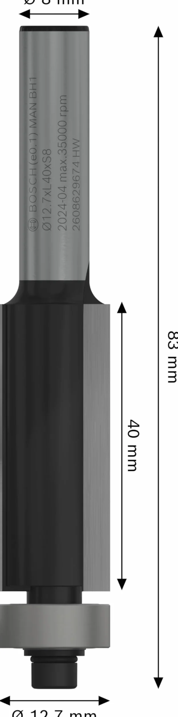 Bosch 1x Frez prosty PRO z łożyskiem kulkowym na dole (do Miękkie drewno, Twarde drewno, Ø 12,7 mm, Professional Akcesoria Frez ręczny, Frez krawędziowy)